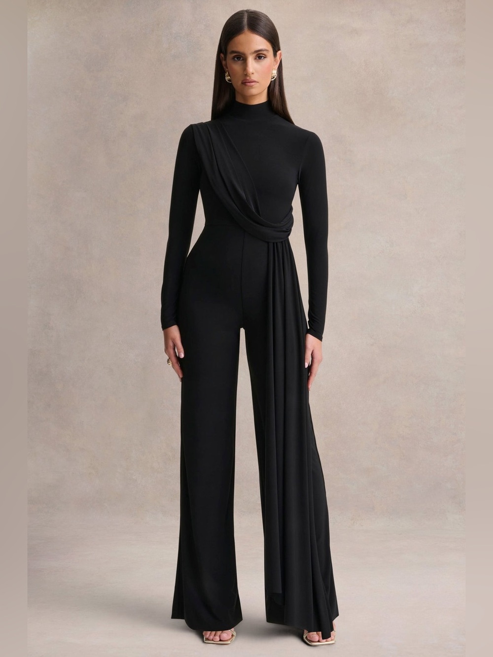 NWT Club L London Havenna Black High-Neck Long-Sleeve Draped Jumpsuit uk 10 US 6